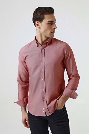 Ds Damat Slim Fit Kırmızı Armürlü Düğmeli Yaka Pamuklu Gömlek 5HC02ORT07265 5HC02ORT07265