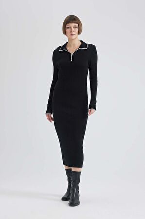 DeFacto Regular Fit Polo Yaka Yarım Fermuarlı Basic Düz Uzun Kollu Maxi Triko Elbise C1493AX24SPBK27