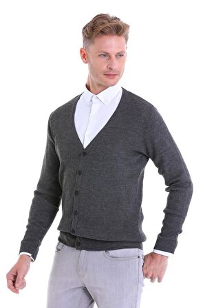 Gri V Yaka Regular Fit Yünlü Triko Hırka | M