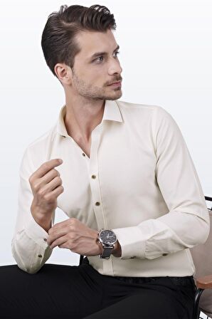 Krem Baklava Desenli Slimfit Gömlek