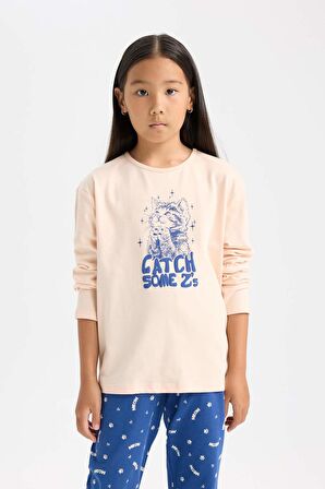 DeFacto Kız Çocuk Pijama Takımı Baskılı Uzun Kollu Üst Beli Lastikli Uzun Alt D7743A824WNPN434