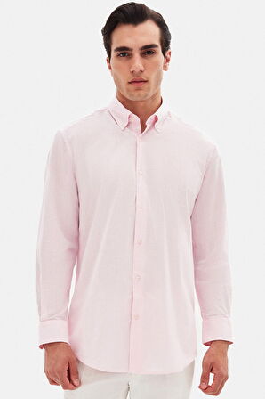 Ds Damat Comfort Pembe Düğmeli Yaka Rahat Kesim Keten Görünümlü %100 Pamuk Gömlek 2HC02ORT64265
