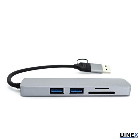Winex 5in1 UsbA ve Type-C to 3x USB3.0, TF, SD, Type-C Çoklayıcı Hub Adaptör