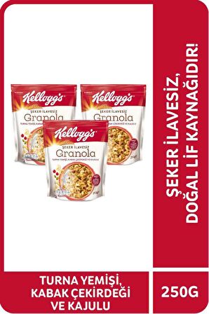 KELLOGG'S ŞEKER İLAVESİZ GRANOLA TURNA YEMİŞİ, KABAK ÇEKİRDEĞİ VE KAJULU  250 GR  x3 ADET ,%42 YULAF İÇERİR, LİF KAYNAĞI