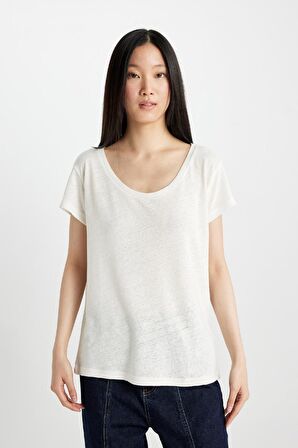 DeFacto Regular Fit Bisiklet Yaka Keten Karışımlı Basic Düz Kısa Kollu Tişört C8806AX24SMER105