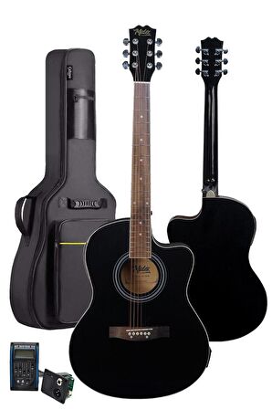 Midex XC-300BK-EQ Profesyonel Siyah Elektro Akustik Gitar 4/4 Yetişkin Üst Segment (Siyah Gigbag Çanta Tuner Capo Askı Jak Kablo Pena)