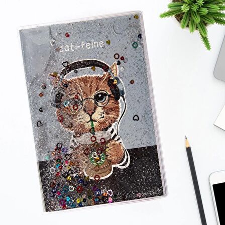 Kedi Desenli Simli ve Sulu Kapaklı A5 Defter