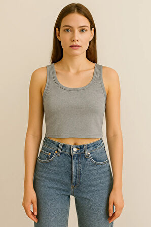 Fibula Moda Kadın Gri Kaşkorse Geniş Askılı Crop