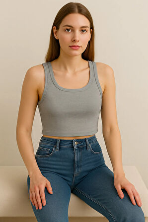 Fibula Moda Kadın Gri Kaşkorse Geniş Askılı Crop