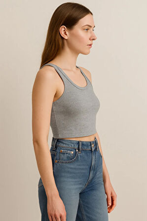 Fibula Moda Kadın Gri Kaşkorse Geniş Askılı Crop