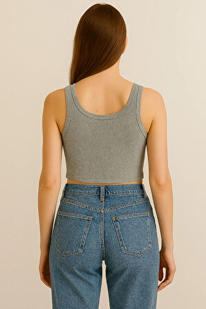 Fibula Moda Kadın Gri Kaşkorse Geniş Askılı Crop