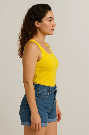 Fibula Moda Kadın Sarı Kaşkorse Geniş Askılı Crop