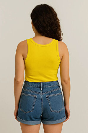 Fibula Moda Kadın Sarı Kaşkorse Geniş Askılı Crop