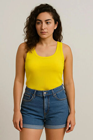 Fibula Moda Kadın Sarı Kaşkorse Geniş Askılı Crop