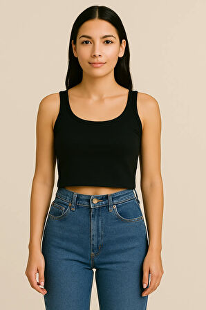 Fibula Moda Kadın Siyah Kaşkorse Geniş Askılı Crop