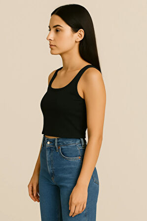 Fibula Moda Kadın Siyah Kaşkorse Geniş Askılı Crop