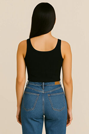 Fibula Moda Kadın Siyah Kaşkorse Geniş Askılı Crop