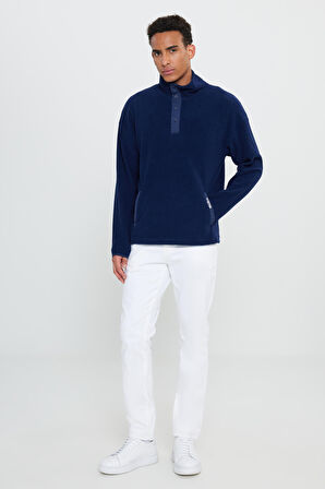 Erkek Lacivert Loose Fit Bato Yaka Desenli Polar