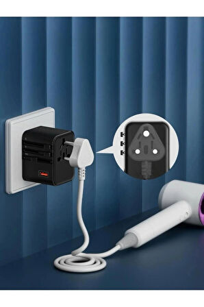 25W Evrensel Seyahat Adaptörü, EU/US/UK/AU Priz Dönüştürücü, 1x USB, 2x Type-C Hızlı Şarj