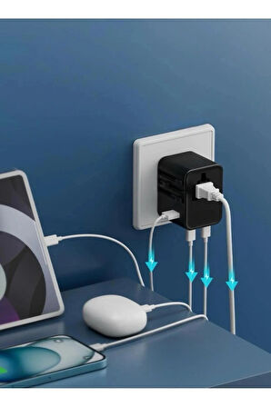 25W Evrensel Seyahat Adaptörü, EU/US/UK/AU Priz Dönüştürücü, 1x USB, 2x Type-C Hızlı Şarj