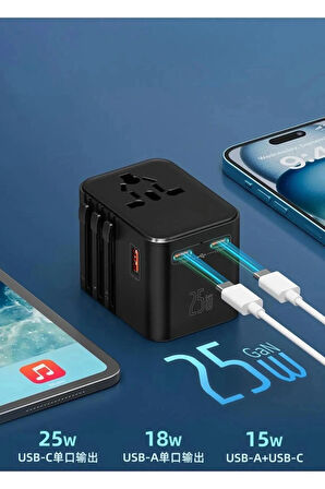 25W Evrensel Seyahat Adaptörü, EU/US/UK/AU Priz Dönüştürücü, 1x USB, 2x Type-C Hızlı Şarj