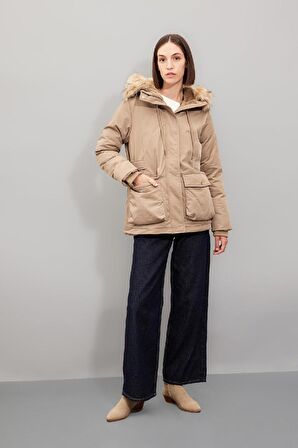 DeFacto Su İtici Mont Parka Kapüşonlu Suni Kürklü Fermuarlı Cepli C6668AX24WNBG773