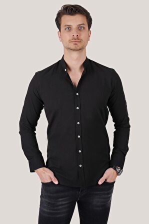 Hakim Yaka Siyah Slimfit Keten Gömlek