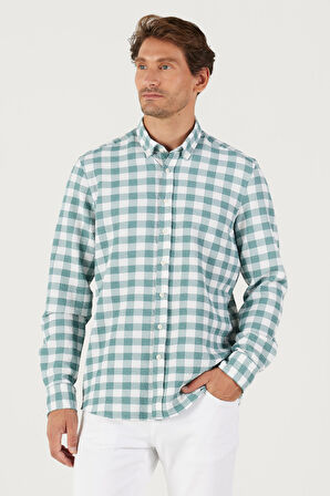Erkek Beyaz-yeşil Slim Fit Dar Kesim Düğmeli Yaka Kareli Gömlek