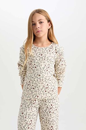 DeFacto Kız Çocuk Pijama Takımı Çiçekli Bisiklet Yaka Uzun Kollu Üst Uzun Alt D6052A824AUBG107