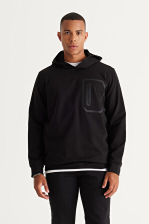 Erkek Siyah Standart Fit Normal Kesim Kapüşonlu Pamuklu Sweatshirt