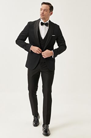 Erkek Siyah Slim Fit Dar Kesim Yelekli Desenli Smokin Damatlık