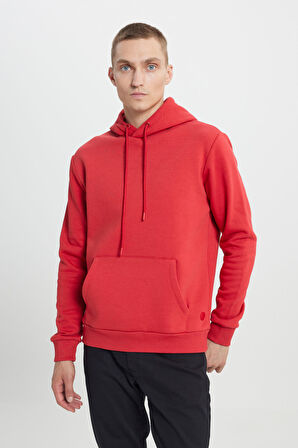 Erkek Kırmızı Standart Fit Normal Kesim Içi Polarlı 3 Iplik Kapüşonlu Pamuklu Sweatshirt
