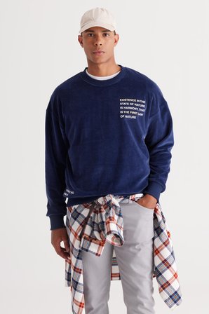 Erkek Lacivert Loose Fit Içi Polarlı 3 Iplik Bisiklet Yaka Uzun Kollu Sweatshirt