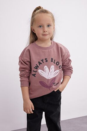Kız Bebek Regular Fit Bisiklet Yaka Çiçekli Sweatshirt Kumaşı Sweatshirt