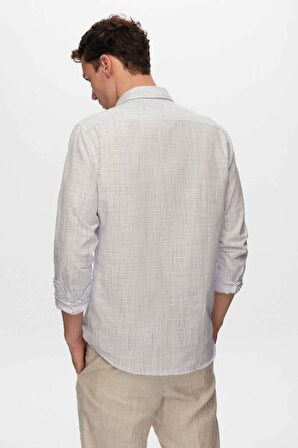 Ds Damat Slim Fit Mavi İnce Çizgili Düğmeli Yaka %100 Pamuk Flamlı Yazlık Keten Görünümlü Gömlek 0HC02ORT07265 0HC02ORT07265