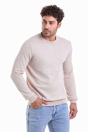 Açık Bej Bisiklet Yaka Triko Pamuklu  Kazak | XL