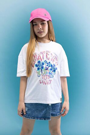 DeFacto Kız Çocuk Oversize Fit Bisiklet Yaka 3D Baskılı Kısa Kollu Tişört C5462A824SMWT34
