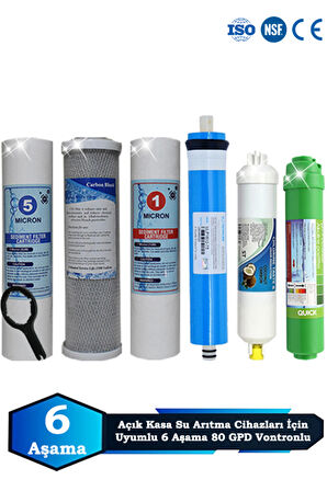 Açık Kasa Su Arıtma Cihazı Uyumlu 6 Aşama Cift Sediment 80 GPD Vontron Alkalinli Filtre Bakım Seti
