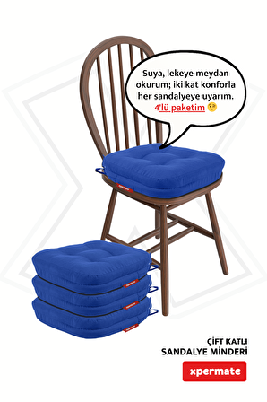 XPERMATE 4'lü Çift Kat Sandalye Minderi Fermuarlı Yıkanabilir Kılıf Bağcıklı Su ve Yağ İtici 42x42x8 Mavi