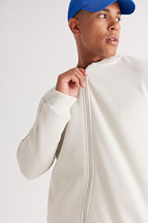 Erkek Bej Standart Fit Normal Kesim Içi Polarlı 3 Iplik Kolej Yaka Pamuklu Sweatshirt Ceket