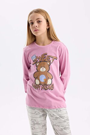 DeFacto Kız Çocuk Pijama Takım Ayıcık Baskılı Uzun Kollu Üst Beli Lastikli Desenli Uzun Alt D2108A824AUBR82