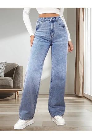 Alice Kadın 90's Kar Yıkama Mavi Likralı Süper Yüksek Bel Salaş Jeans Palazzo Kot Pantolon
