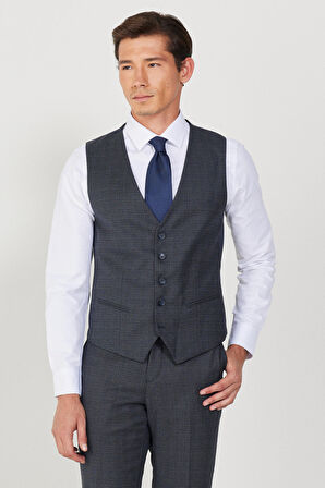 Erkek Lacivert-gri Slim Fit Dar Kesim Mono Yaka Kareli Yelekli Klasik Takım Elbise