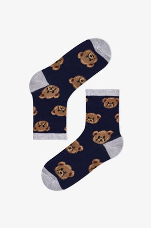 Erkek Çocuk Koyu Mavi Navy Teddy Ayı Desenli Pamuklu 4 Çift Soket Çorap