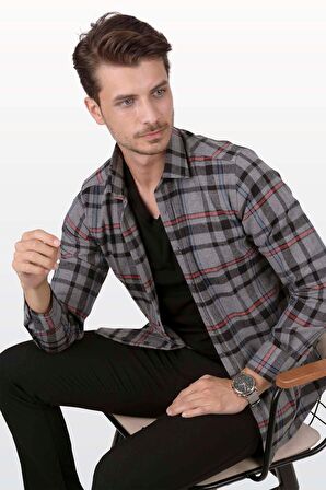 Füme Kırmızı Çizgili Slimfit Oduncu Gömlek