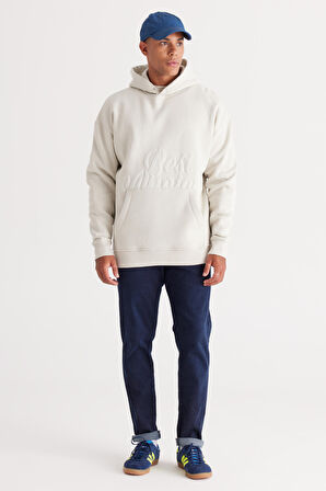 Erkek Bej Oversize Fit Bol Kesim Kapüşonlu Içi Polarlı 3 Iplik Baskılı Sweatshirt