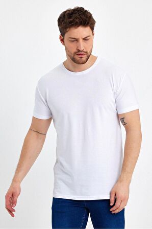 GENIUS STORE Erkek Bisiklet Yaka Basic Beyaz Tişört