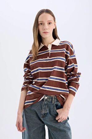 DeFacto Coool Loose Fit Polo Yaka Çizgili Uzun Kollu Tişört E4915AX25SPBN319