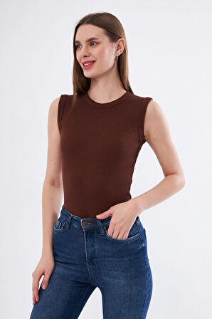  Kahverengi Fitlilli Likralı Pamuklu Bisiklet Yaka Kolsuz Tshirt Atlet