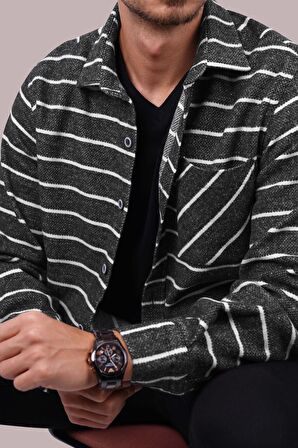 Antrasit Beyaz Çizgili Oversize Erkek Gömlek